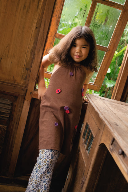 SUMMER PARTY HALTER TERRY FLOWER DRESS - BROWN