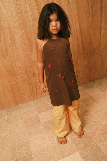 SUMMER PARTY HALTER TERRY FLOWER DRESS - BROWN