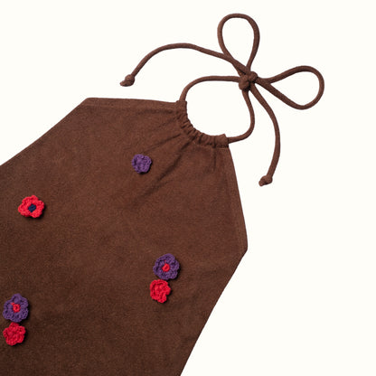 SUMMER PARTY HALTER TERRY FLOWER DRESS - BROWN