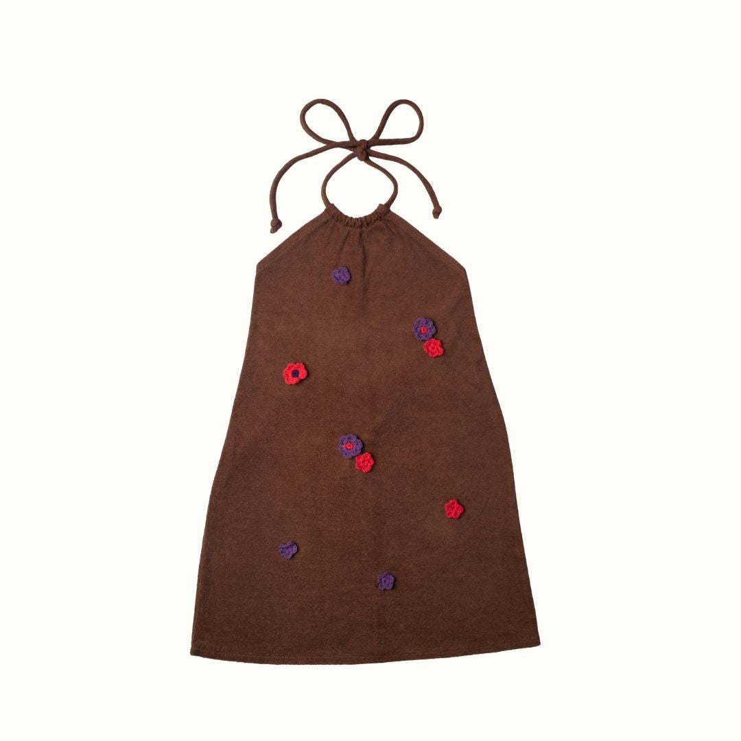 SUMMER PARTY HALTER TERRY FLOWER DRESS - BROWN